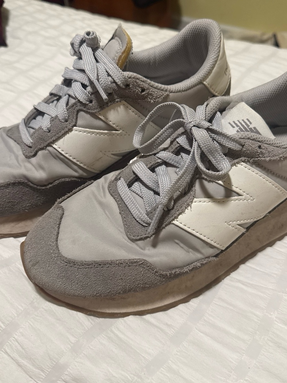 New Balance White and Gray 237 Slip-On Sneaker with Yellow Trim